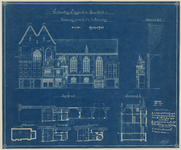 217459 Opstand, doorsneden en plattegrond van de noordgevel aan de Steenweg van de Buurkerk (Buurkerkhof) te Utrecht.